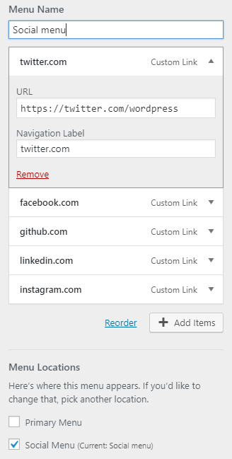 Add Custom Link items to the social media menu using the available fields.
The text in the Navigation Label is used as a screen reader text.
